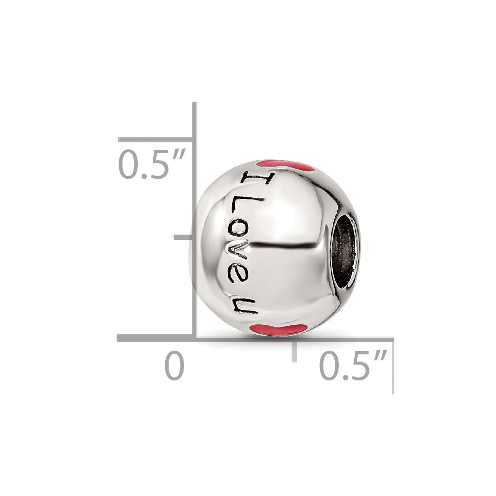 Reflections 925 Sterling Silver Rhodium Plated Black and Red Enamel I LOVE U Bead 10 x 10 mm