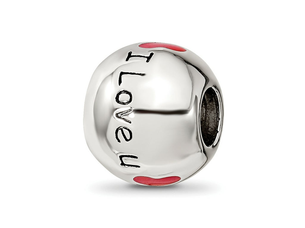 Reflections 925 Sterling Silver Rhodium Plated Black and Red Enamel I LOVE U Bead 10 x 10 mm
