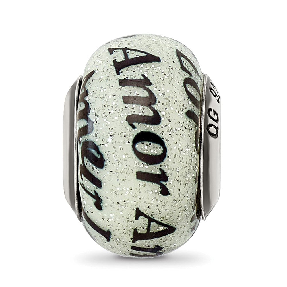 Reflections 925 Sterling Silver Love/Amor Black and White Glitter Italian Glass Bead 14 x 10 mm.