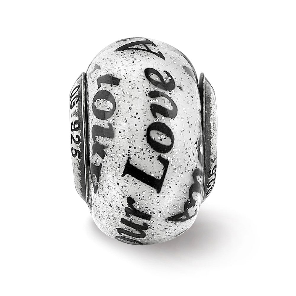 Reflections 925 Sterling Silver Love/Amor Black and White Glitter Italian Glass Bead 14 x 10 mm.