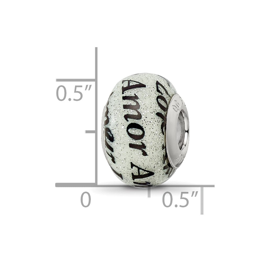 Reflections 925 Sterling Silver Love/Amor Black and White Glitter Italian Glass Bead 14 x 10 mm.
