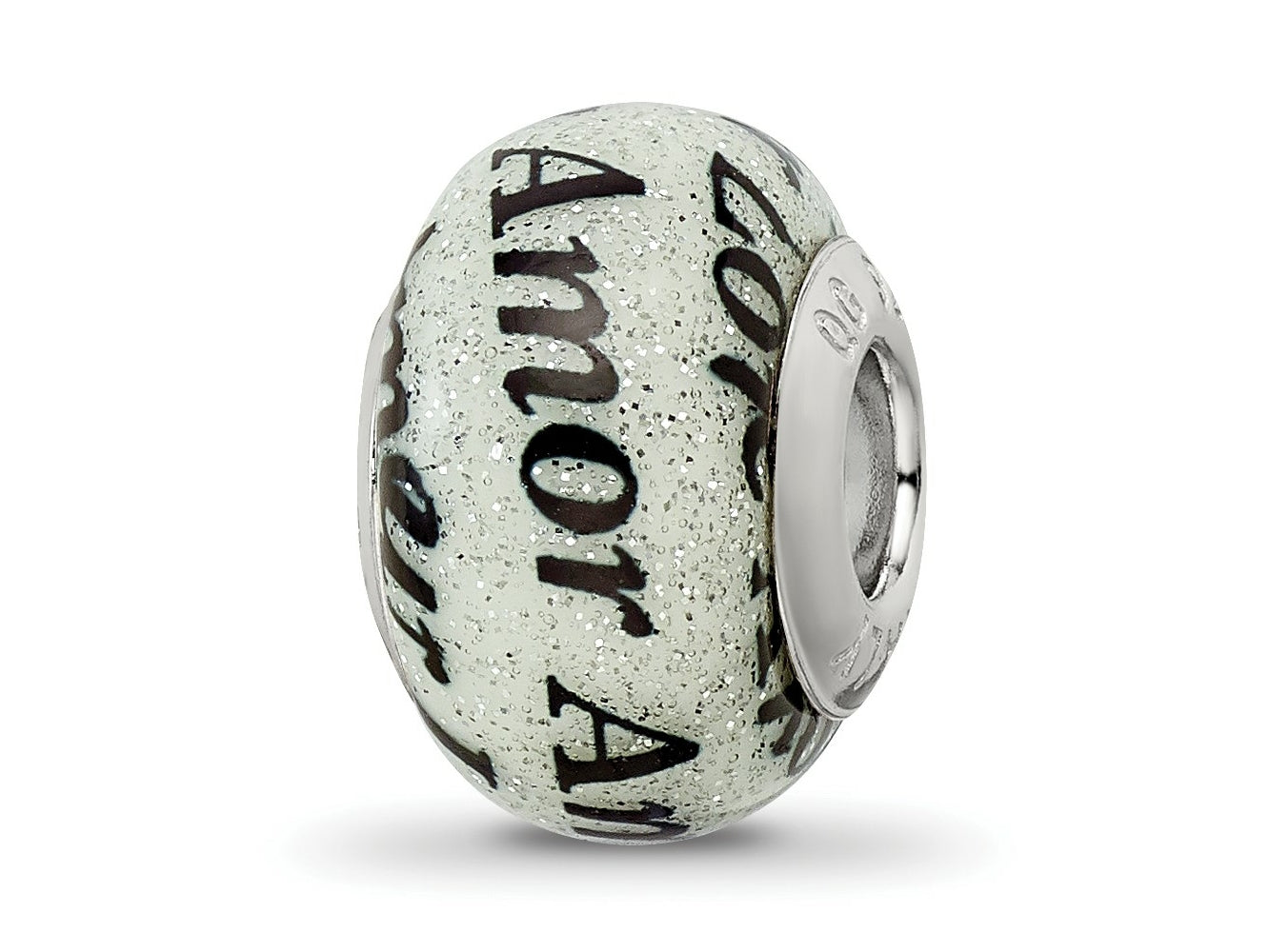 Reflections 925 Sterling Silver Love/Amor Black and White Glitter Italian Glass Bead 14 x 10 mm.