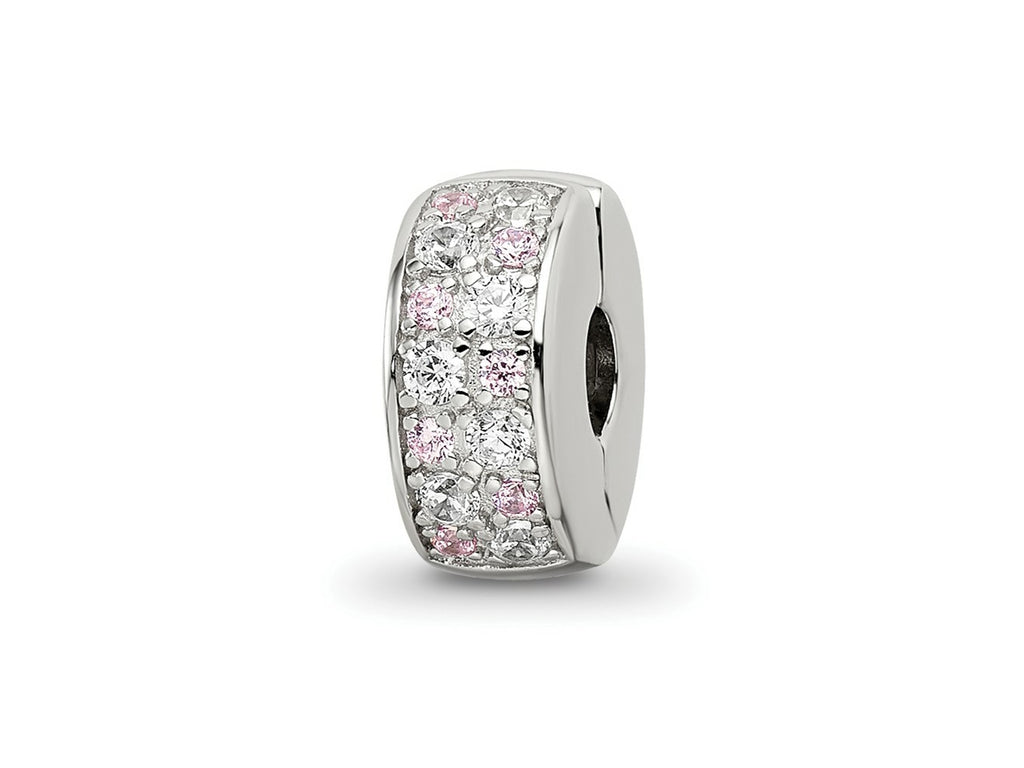 Reflections 925 Sterling Silver Rhodium Plated White and Pink CZ Hinged Bead 10 x 5 mm