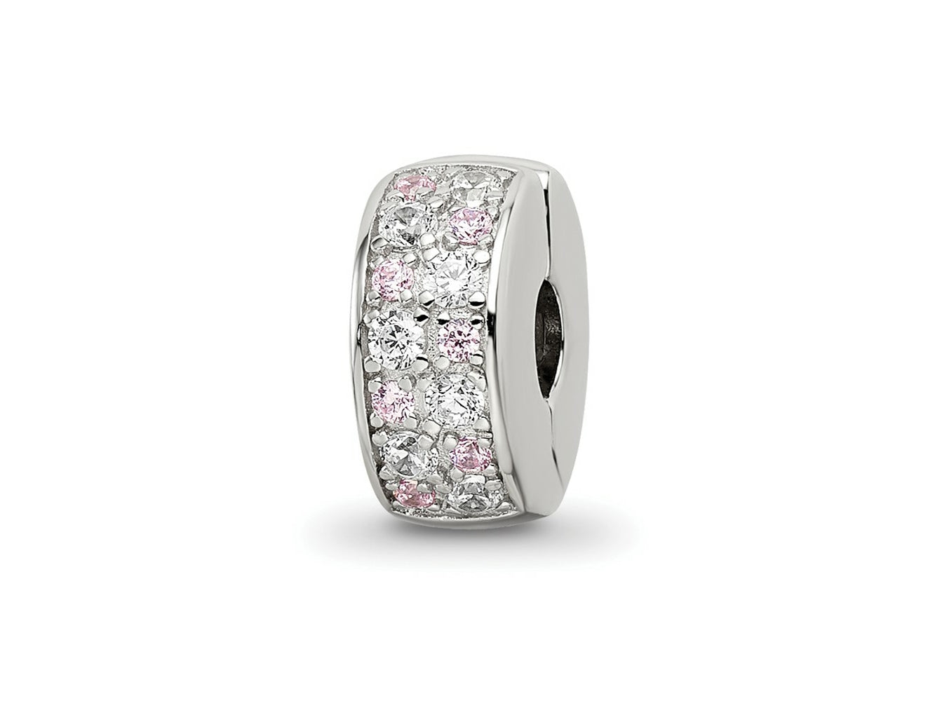 Reflections 925 Sterling Silver Rhodium Plated White and Pink CZ Hinged Bead 10 x 5 mm