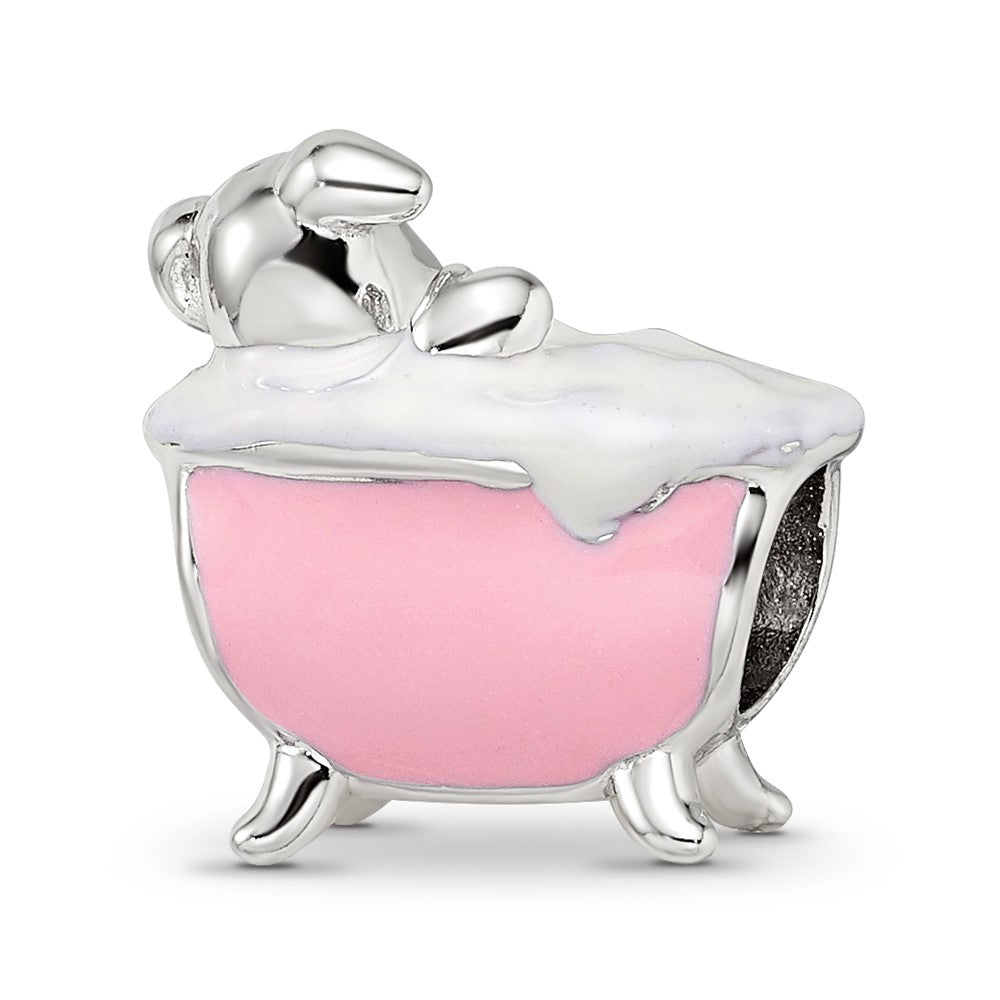 Reflections 925 Sterling Silver Rhodium Plated Pink Enamel and CZ Pig In Bathtub Bead 9 x 13 mm
