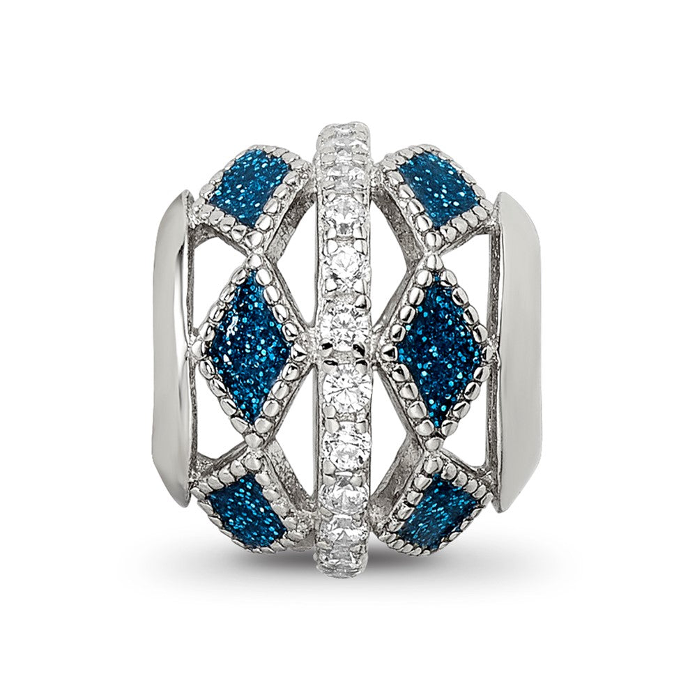 Reflections 925 Sterling Silver Enameled  Blue Accent and CZ Circle Bead 11 x 9 mm
