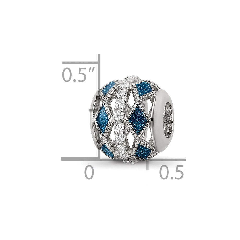 Reflections 925 Sterling Silver Enameled  Blue Accent and CZ Circle Bead 11 x 9 mm