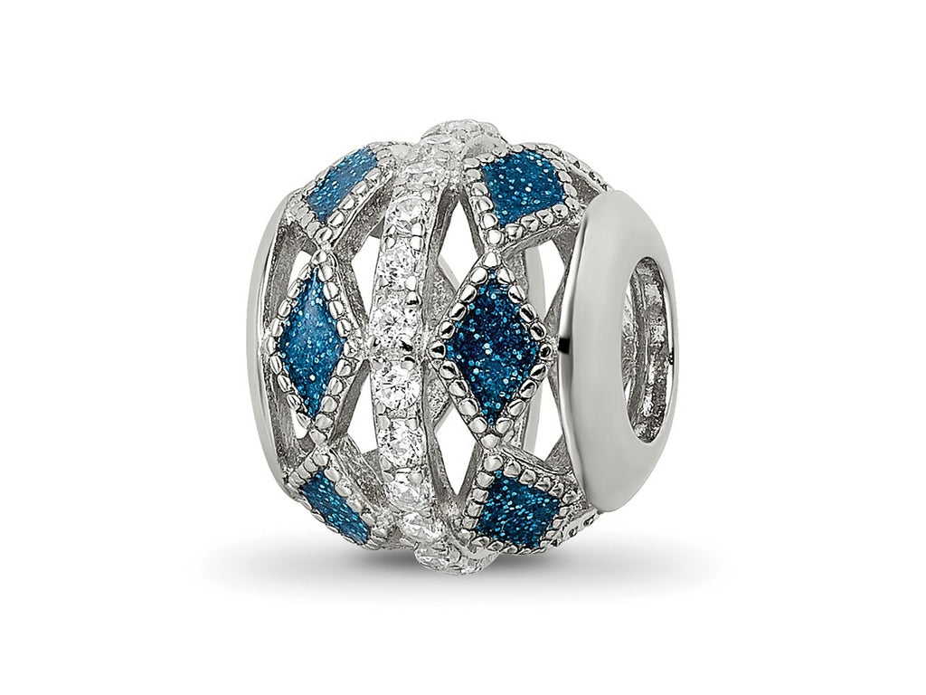 Reflections 925 Sterling Silver Enameled  Blue Accent and CZ Circle Bead 11 x 9 mm