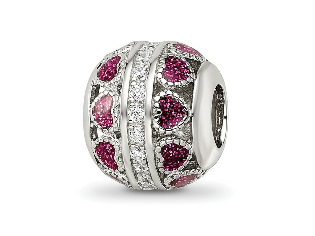 Reflections 925 Sterling Silver Rhodium Plated Pink Enamel Hearts and CZ Circle Bead 11 x 9 mm