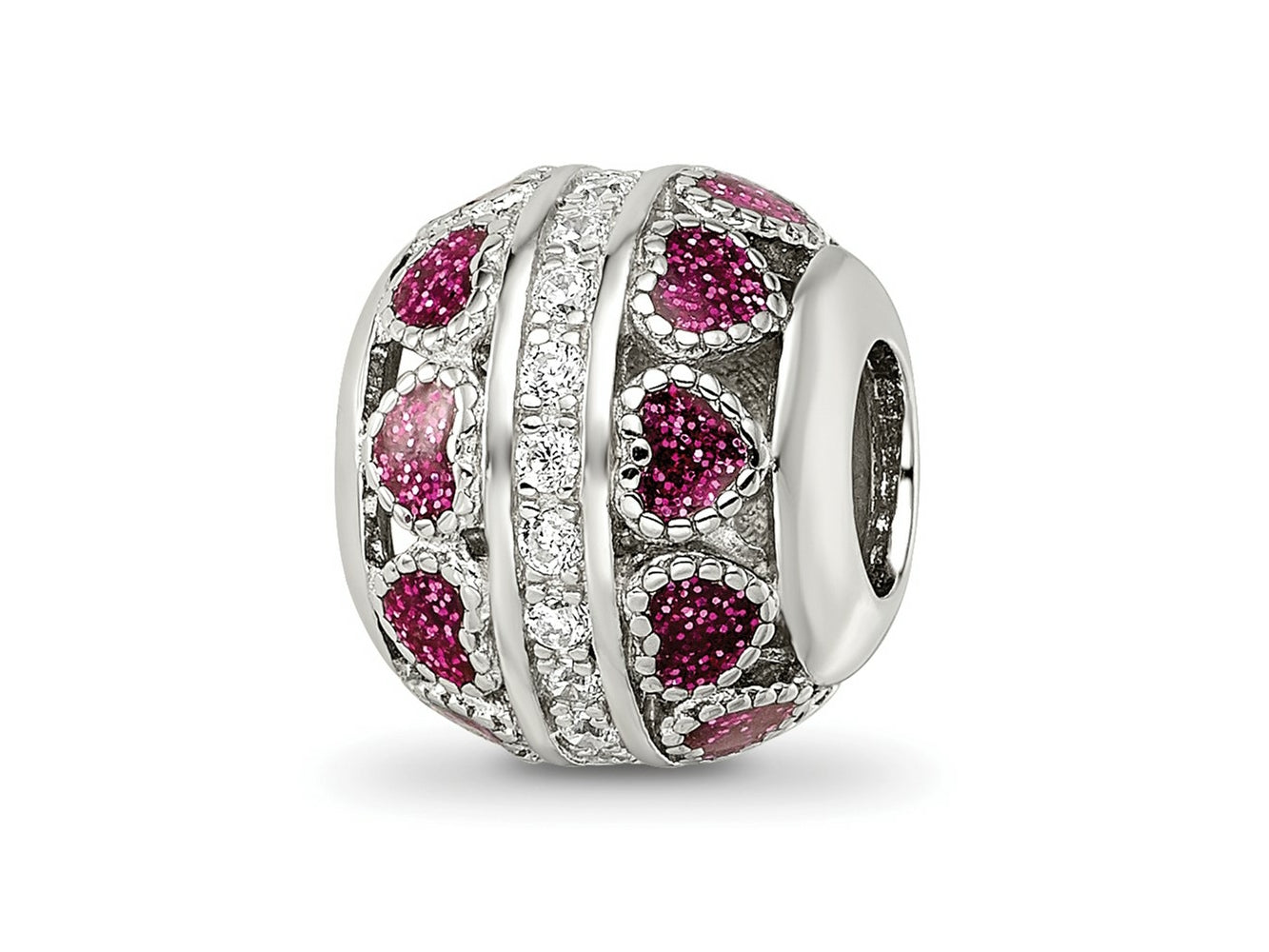 Reflections 925 Sterling Silver Rhodium Plated Pink Enamel Hearts and CZ Circle Bead 11 x 9 mm