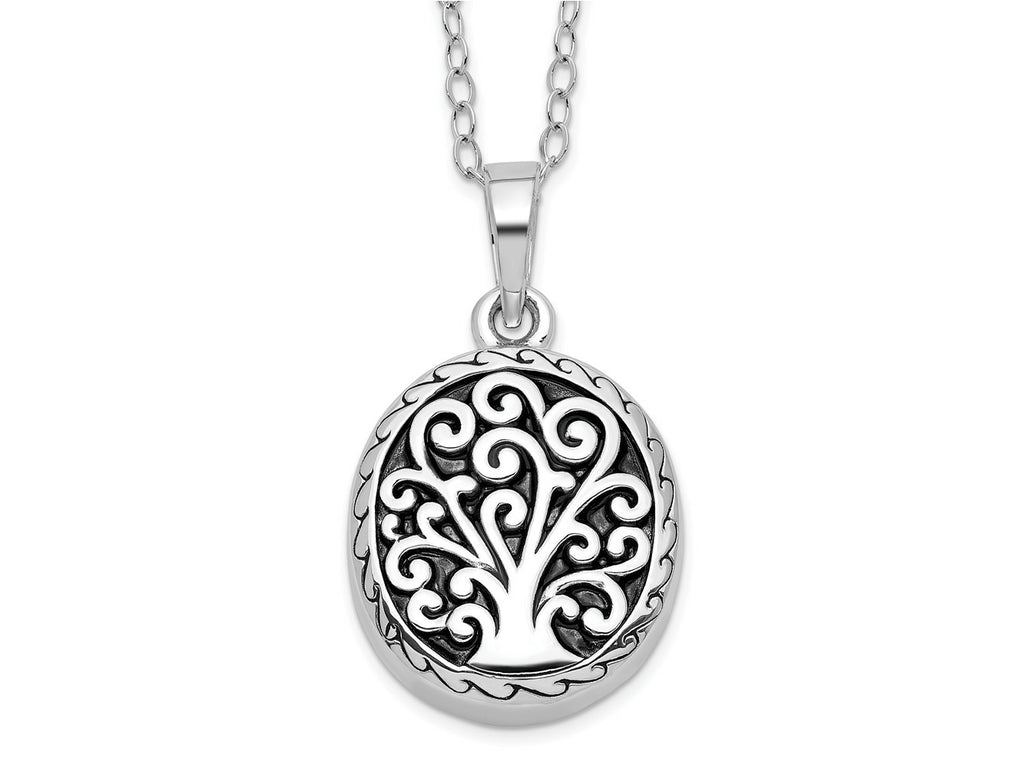 Sentimental Expressions 925 Sterling Silver Rhodium Antiqued Tree of Life Ash Holder 18in Necklace 17 mm