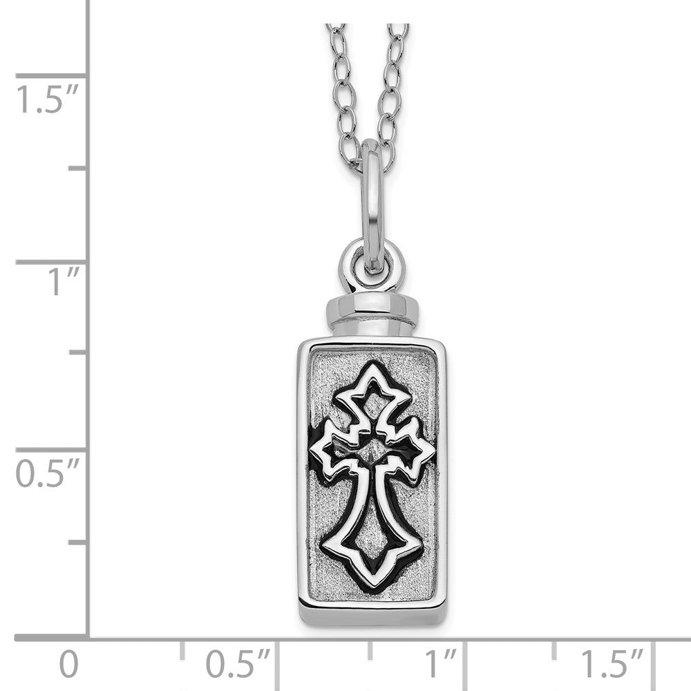 Sentimental Expressions 925 Sterling Silver Rhodium Antiqued Rectangle Cross Ash Holder 18in Necklace 10 mm