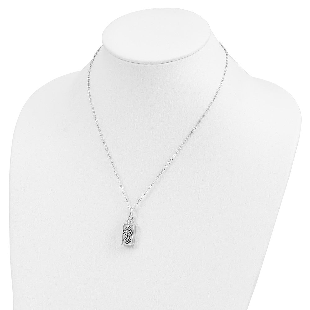 Sentimental Expressions 925 Sterling Silver Rhodium Antiqued Rectangle Cross Ash Holder 18in Necklace 10 mm