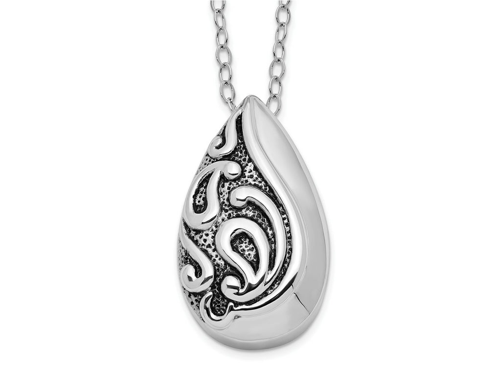 Sentimental Expressions 925 Sterling Silver Rhodium Plated Antiqued Teardrop Ash Holder Necklace 15 mm