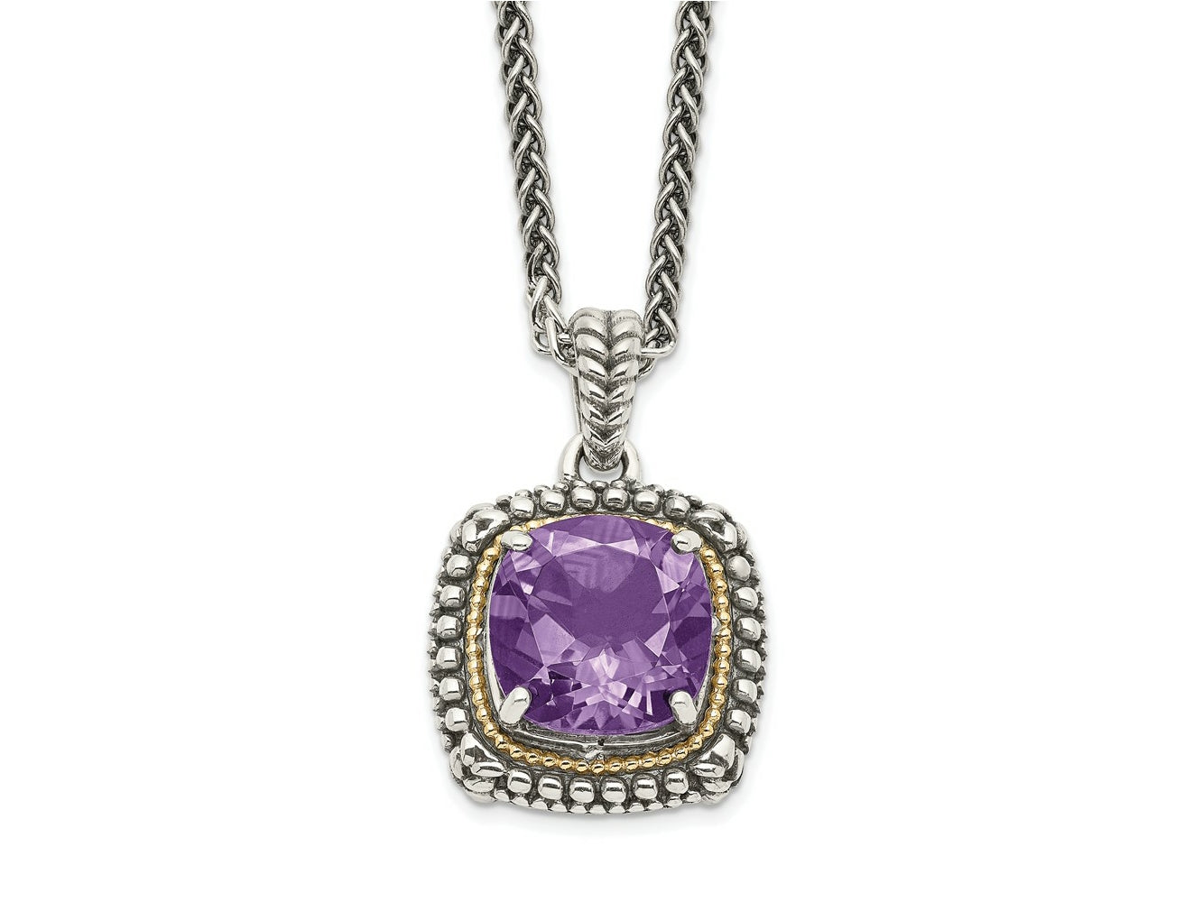 FJC Finejewelers Sterling Silver with 14kt Accent Spiga Antiqued with Amethyst Necklace 18 Inches x 16 mm