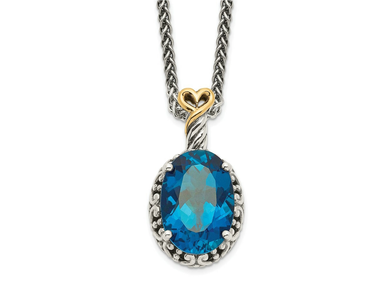 FJC Finejewelers Sterling Silver with 14kt Accent Antiqued with London Blue Topaz Oval Necklace 18