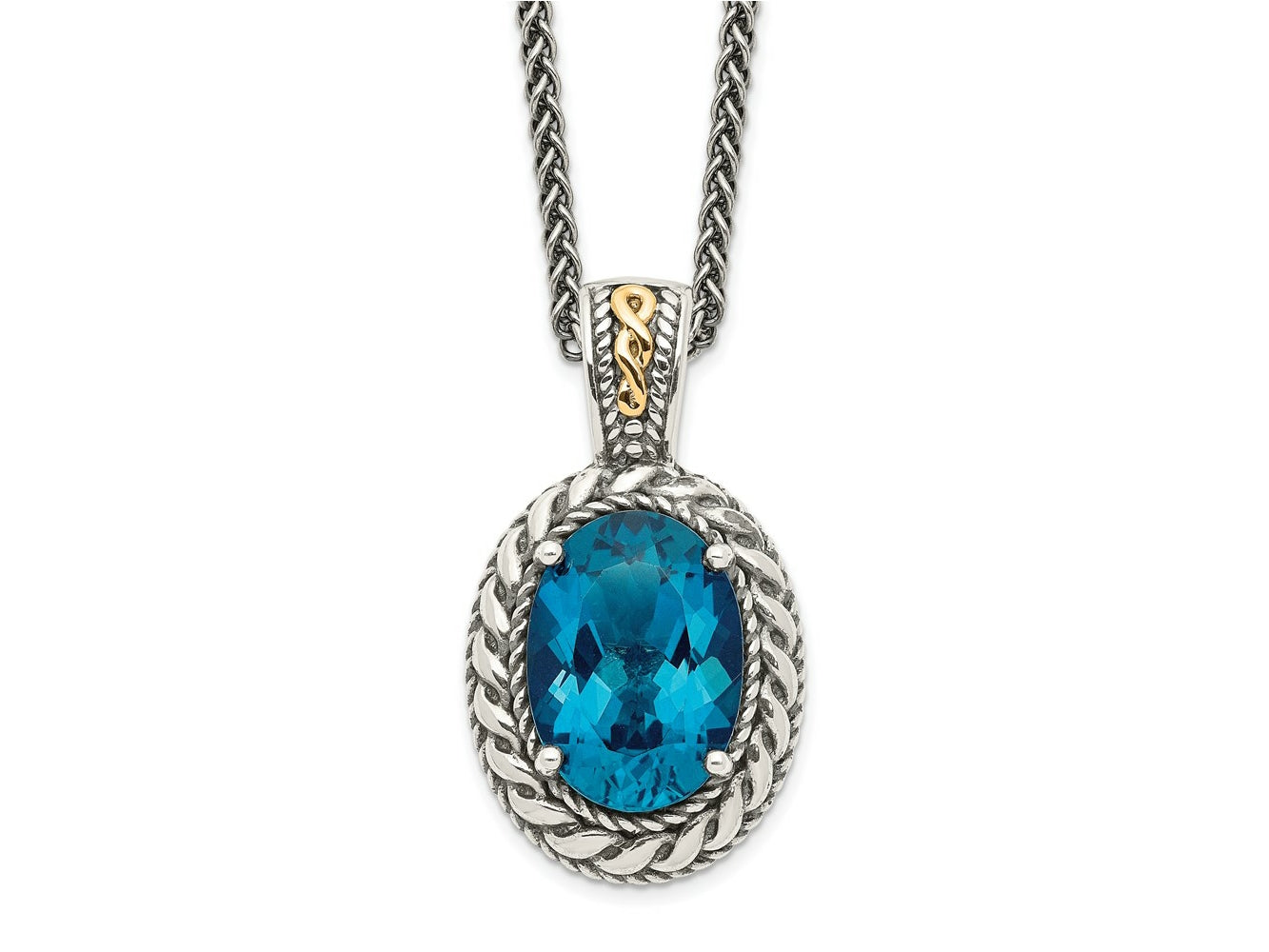 FJC Finejewelers Sterling Silver with 14kt Accent Antiqued with London Blue Topaz Hinged Bail Necklace