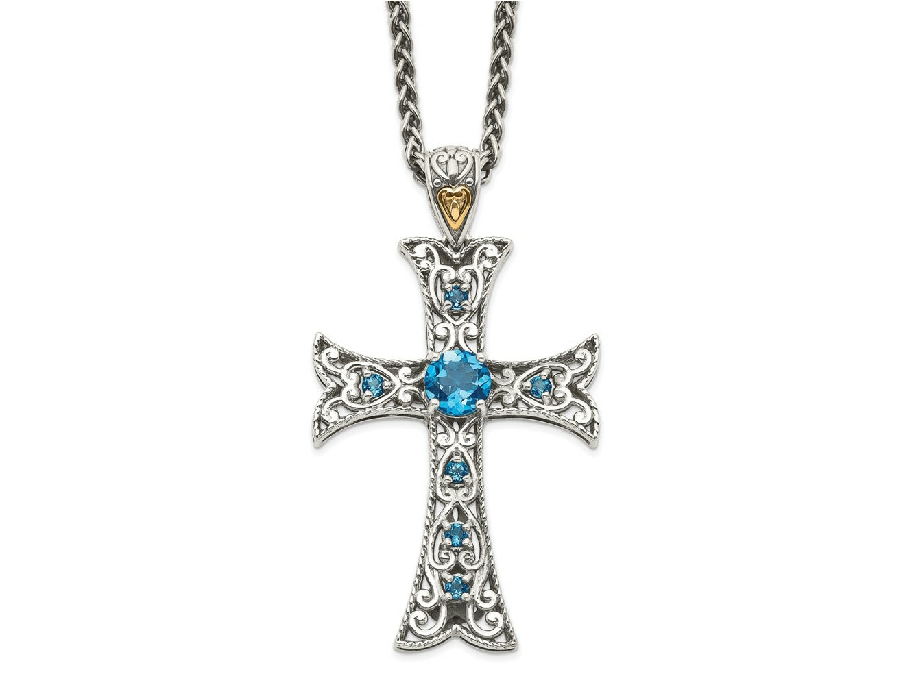 FJC Finejewelers 14k/Silver Two-Tone with London Blue Topaz Cross Necklace