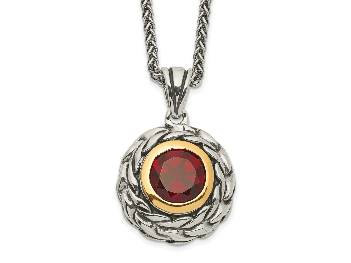 FJC Finejewelers Sterling Silver with 14kt Accent Necklace with Pendant Antiqued with Garnet