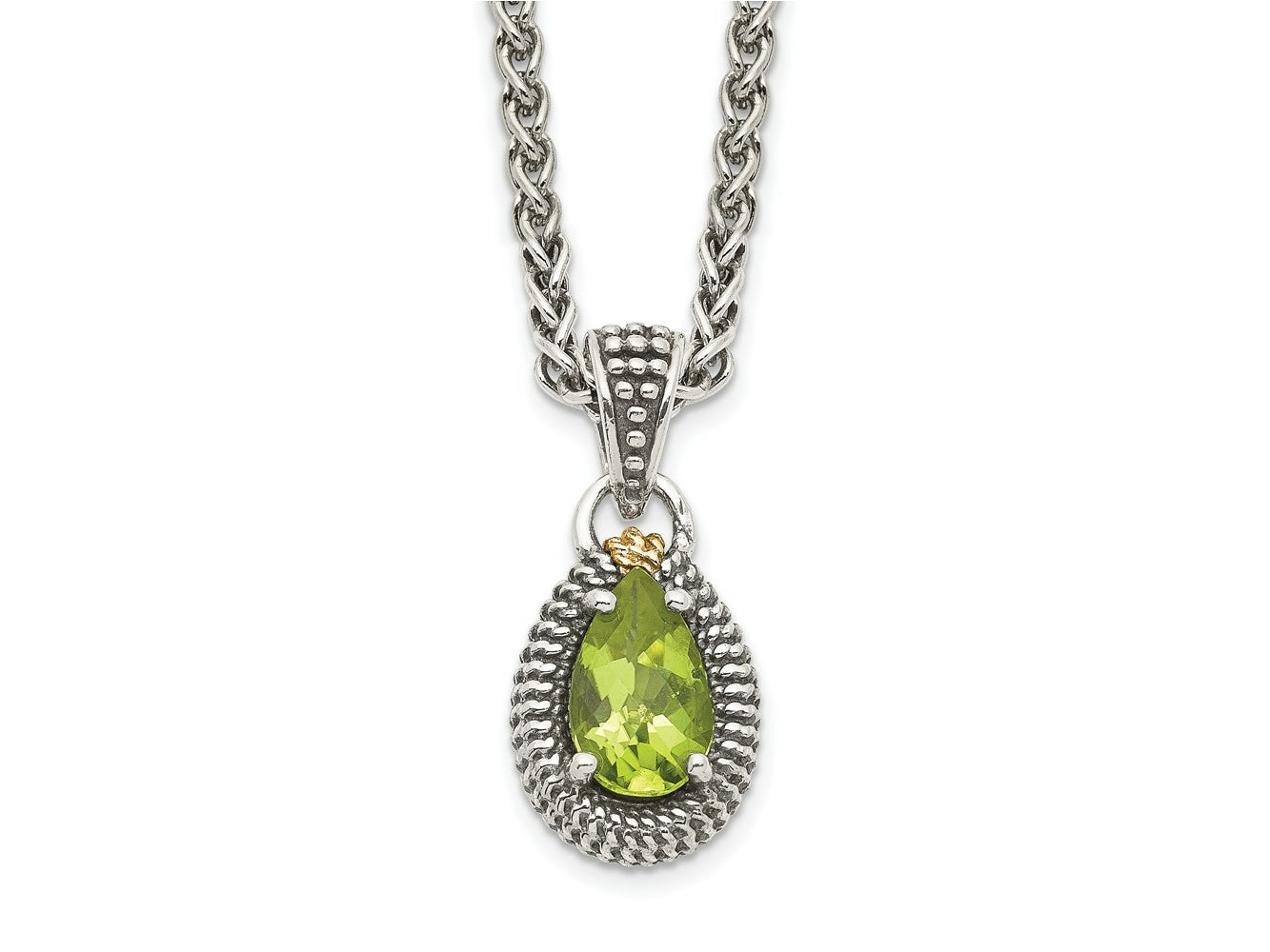 FJC Finejewelers Sterling Silver with 14kt Accent Necklace Pendant Antiqued with Peridot Pear Shaped