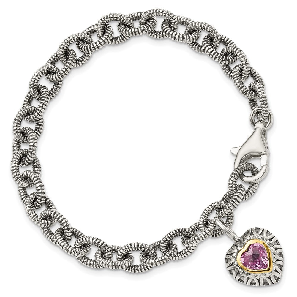 FJC Finejewelers Sterling Silver with 14kt Accent Antiqued Created Pink Sapphire Heart Bracelet 7.5 Inches