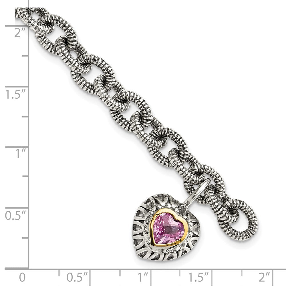FJC Finejewelers Sterling Silver with 14kt Accent Antiqued Created Pink Sapphire Heart Bracelet 7.5 Inches
