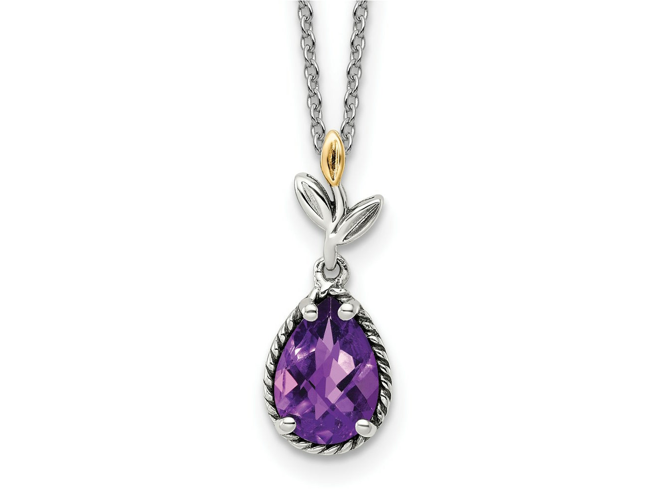FJC Finejewelers Sterling Silver with 14kt Accent Antiqued with Leaves Pear Amethyst Necklace 20 Inche