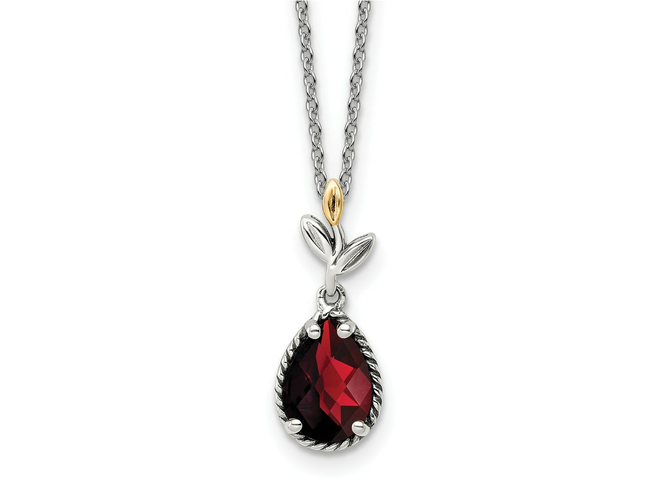 FJC Finejewelers Sterling Silver with 14kt Accent with Antiqued Leaf Garnet Necklace 18 Inch