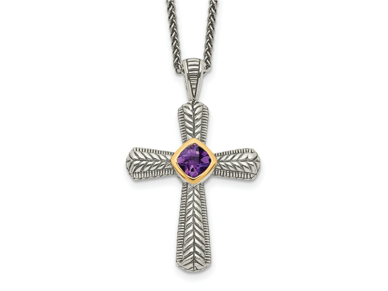 FJC Finejewelers Sterling Silver and 14k Accent Antiqued with Amethyst Cross Necklace 18 Inches x 26 mm