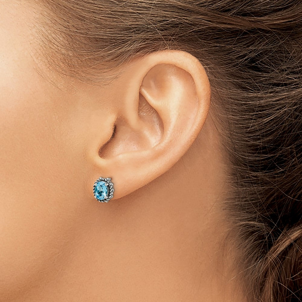 FJC Finejewelers 925 Sterling Silver Stud Blue Topaz Antiqued Earrings 10 x 7 mm