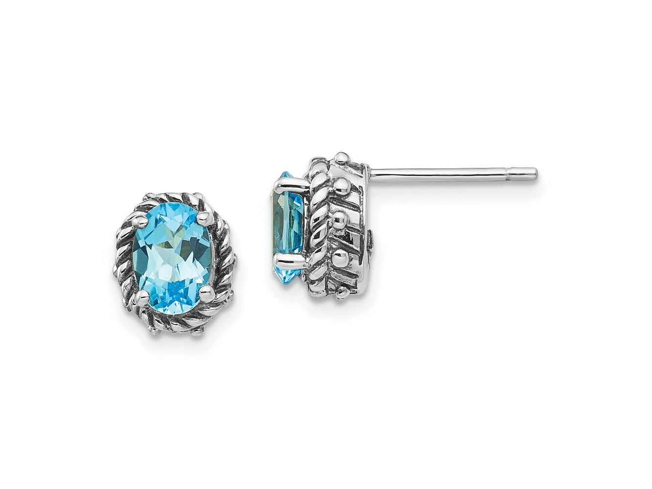 FJC Finejewelers 925 Sterling Silver Stud Blue Topaz Antiqued Earrings 10 x 7 mm