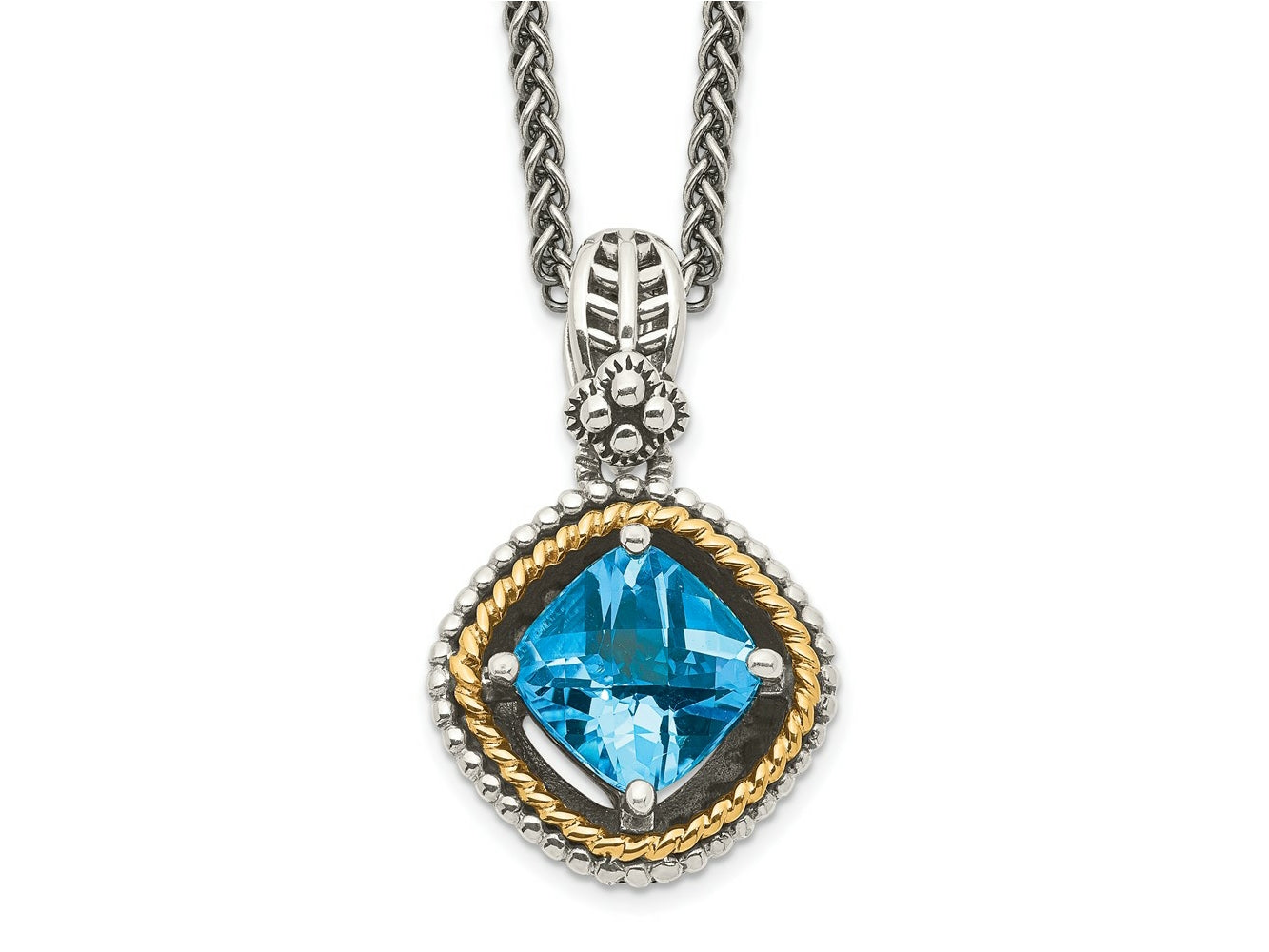 FJC Finejewelers Sterling Silver with 14kt Accent Antiqued with Swiss Blue Topaz Necklace 12 mm
