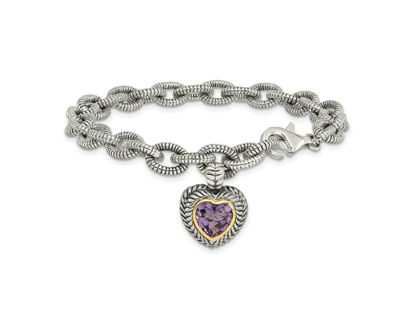 FJC Finejewelers Sterling Silver with 14kt Accent Amethyst Heart Bracelet 7.5 Inches x 14 mm