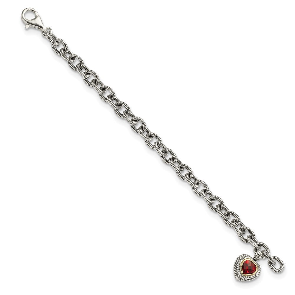 FJC Finejewelers Sterling Silver with 14kt Accent Antiqued with Garnet Heart Link Bracelet 7.5 Inches