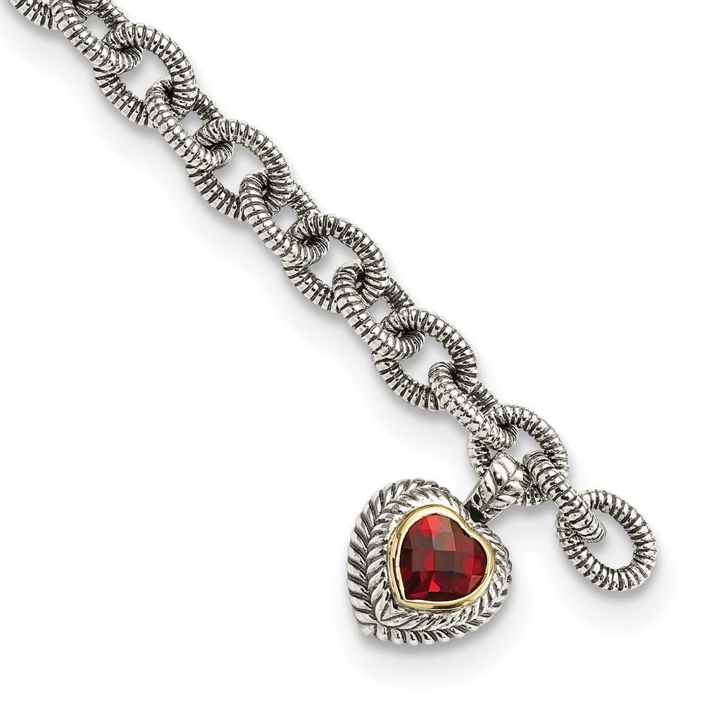 FJC Finejewelers Sterling Silver with 14kt Accent Antiqued with Garnet Heart Link Bracelet 7.5 Inches