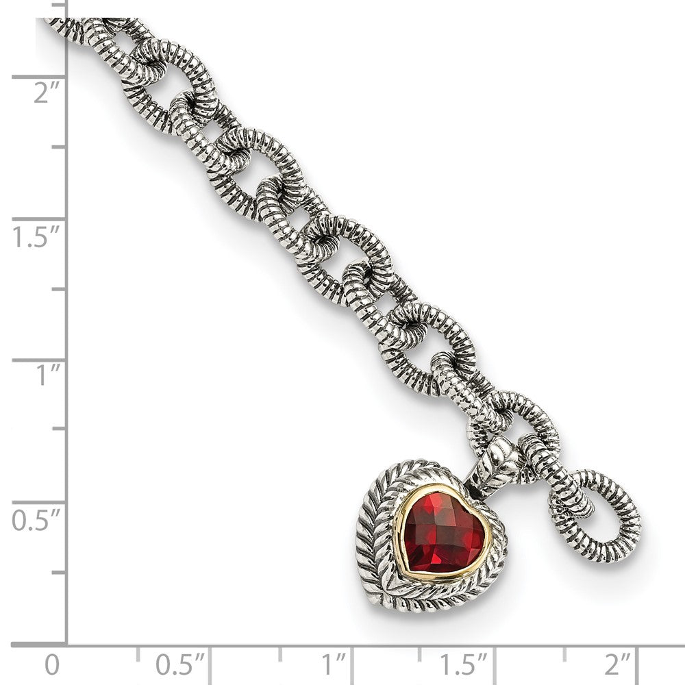 FJC Finejewelers Sterling Silver with 14kt Accent Antiqued with Garnet Heart Link Bracelet 7.5 Inches