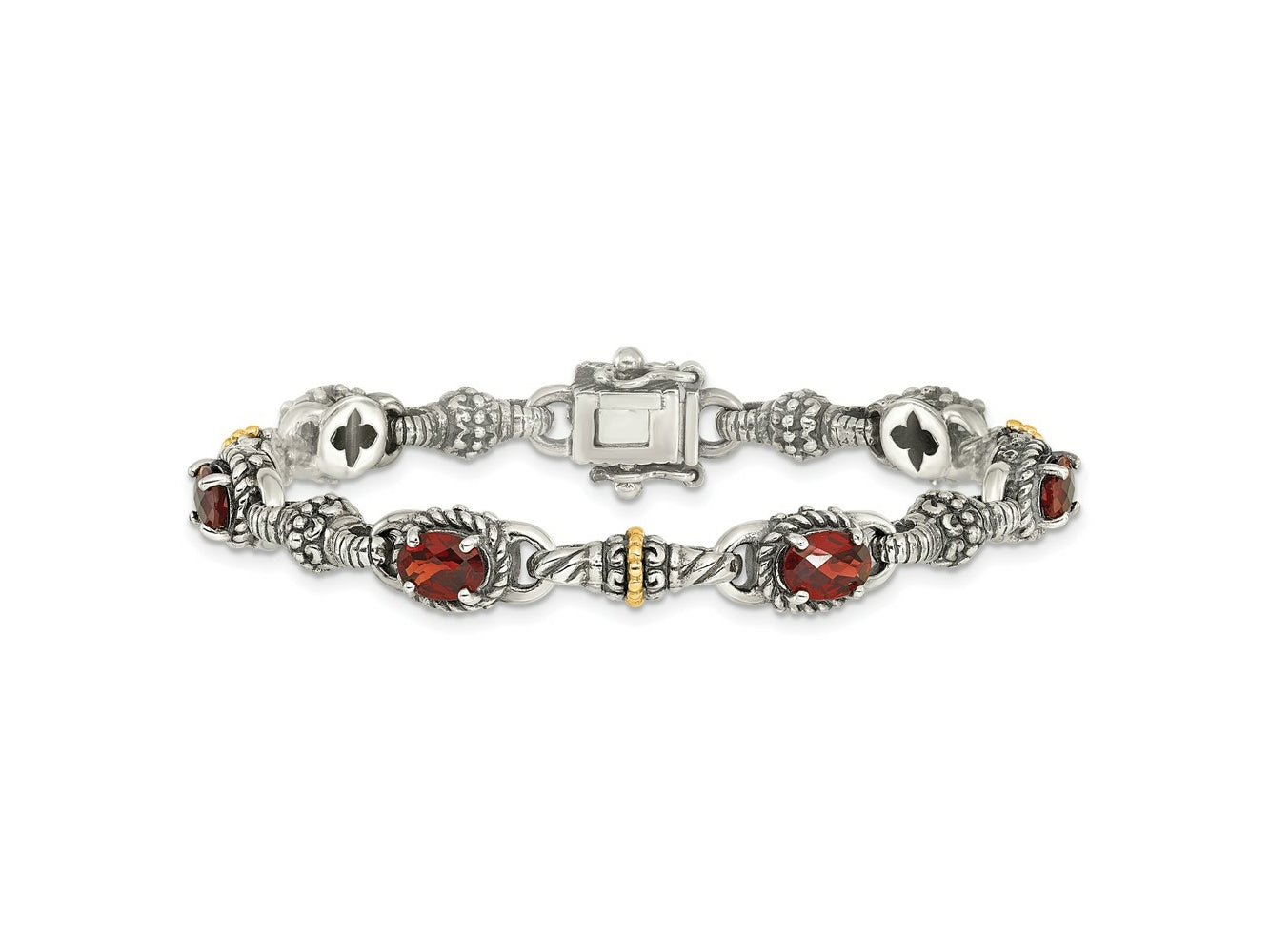 FJC Finejewelers Sterling Silver with 14kt Accent Antiqued with Oval Garnet Bracelet 7.25 Inches