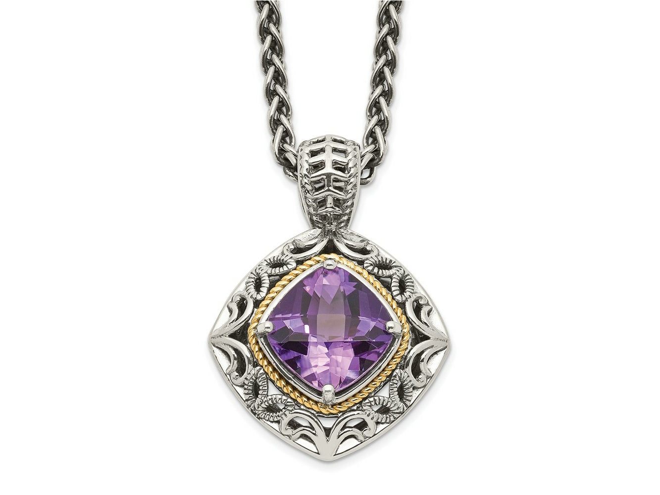 FJC Finejewelers Sterling Silver with 14kt Accent Spiga Antiqued with Amethyst Necklace 18 Inches x 22 mm