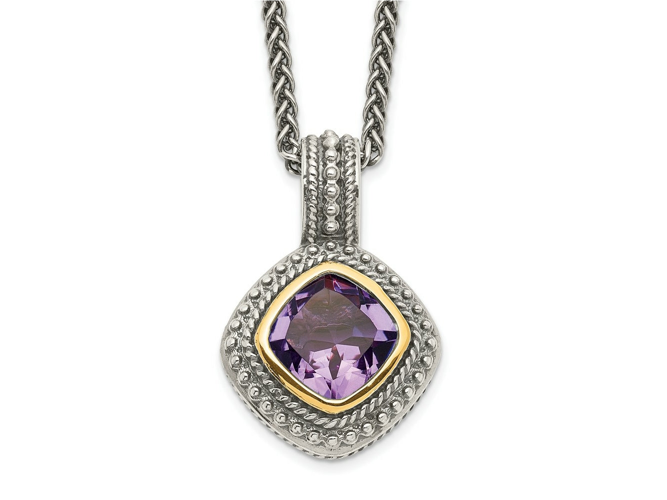 FJC Finejewelers Sterling Silver with 14kt Accent Spiga Antiqued with Amethyst Necklace 18 Inches x 16 mm