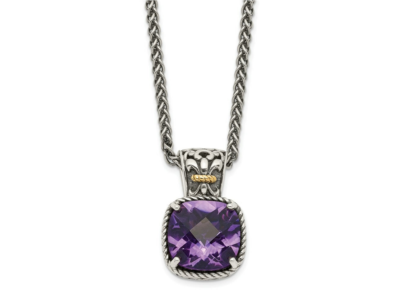 FJC Finejewelers Sterling Silver with 14kt Accent Antiqued with Amethyst Necklace 18 Inches x 12 mm