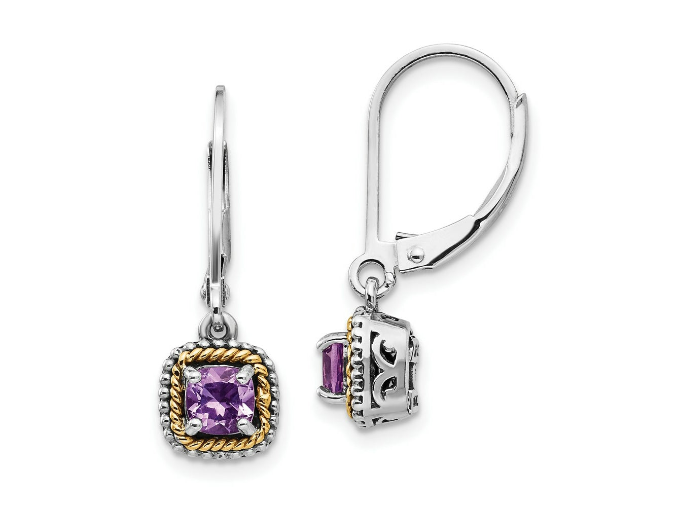 FJC Finejewelers Silver and 14k Gold Two-Tone Dangle Antiqued with Amethyst Earrings 24 x 7 mm