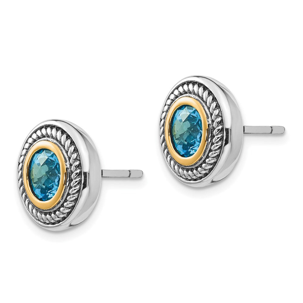 FJC Finejewelers Silver and 14k Gold Two-Tone Antiqued with 6mm Blue Topaz Earrings 12 x 12 mm