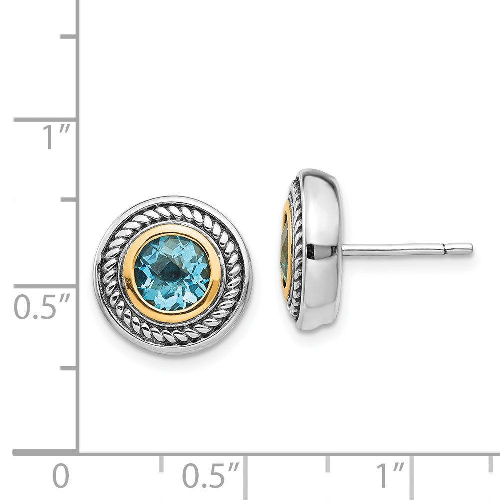 FJC Finejewelers Silver and 14k Gold Two-Tone Antiqued with 6mm Blue Topaz Earrings 12 x 12 mm