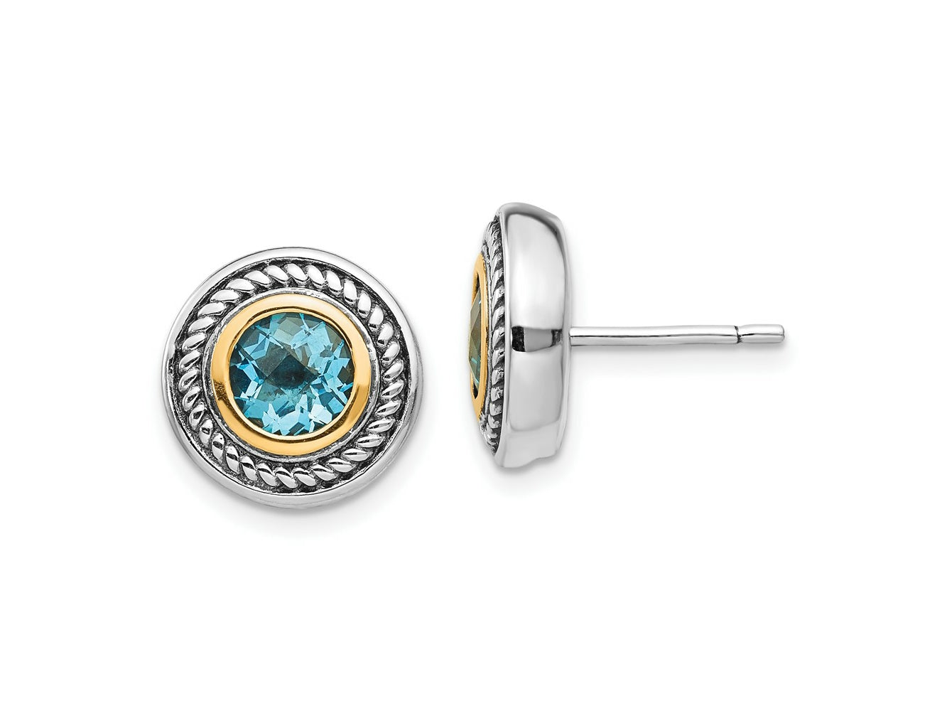 FJC Finejewelers Silver and 14k Gold Two-Tone Antiqued with 6mm Blue Topaz Earrings 12 x 12 mm