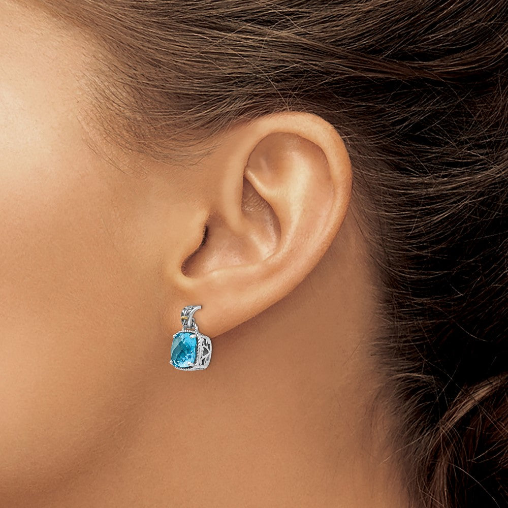 FJC Finejewelers 14k/Silver Two-Tone Dangle Antiqued with 8mm Blue Topaz Earrings 16 x 9 mm