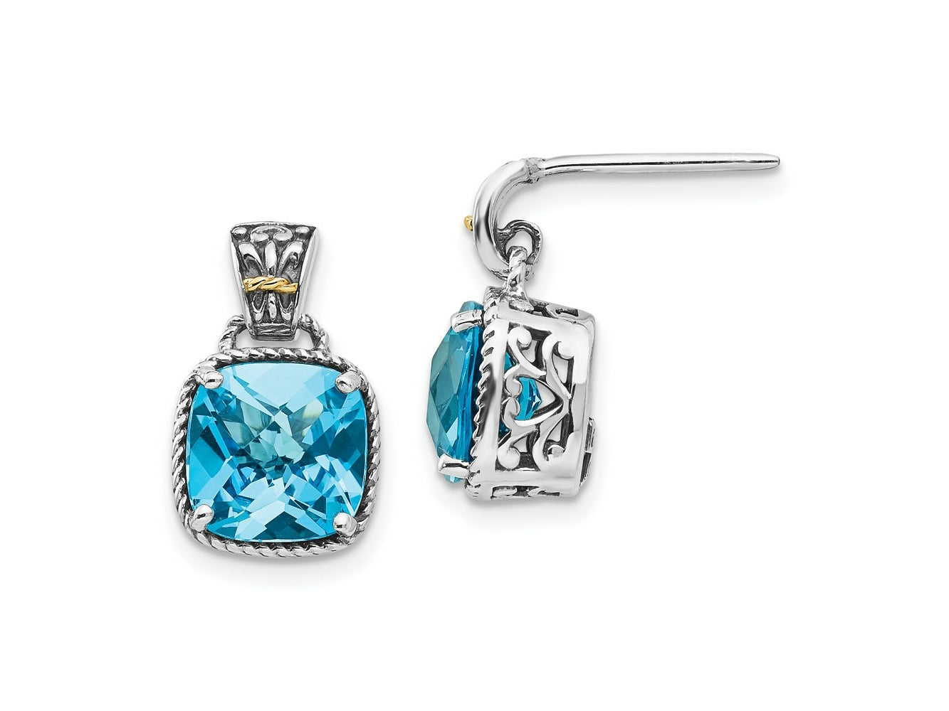 FJC Finejewelers 14k/Silver Two-Tone Dangle Antiqued with 8mm Blue Topaz Earrings 16 x 9 mm