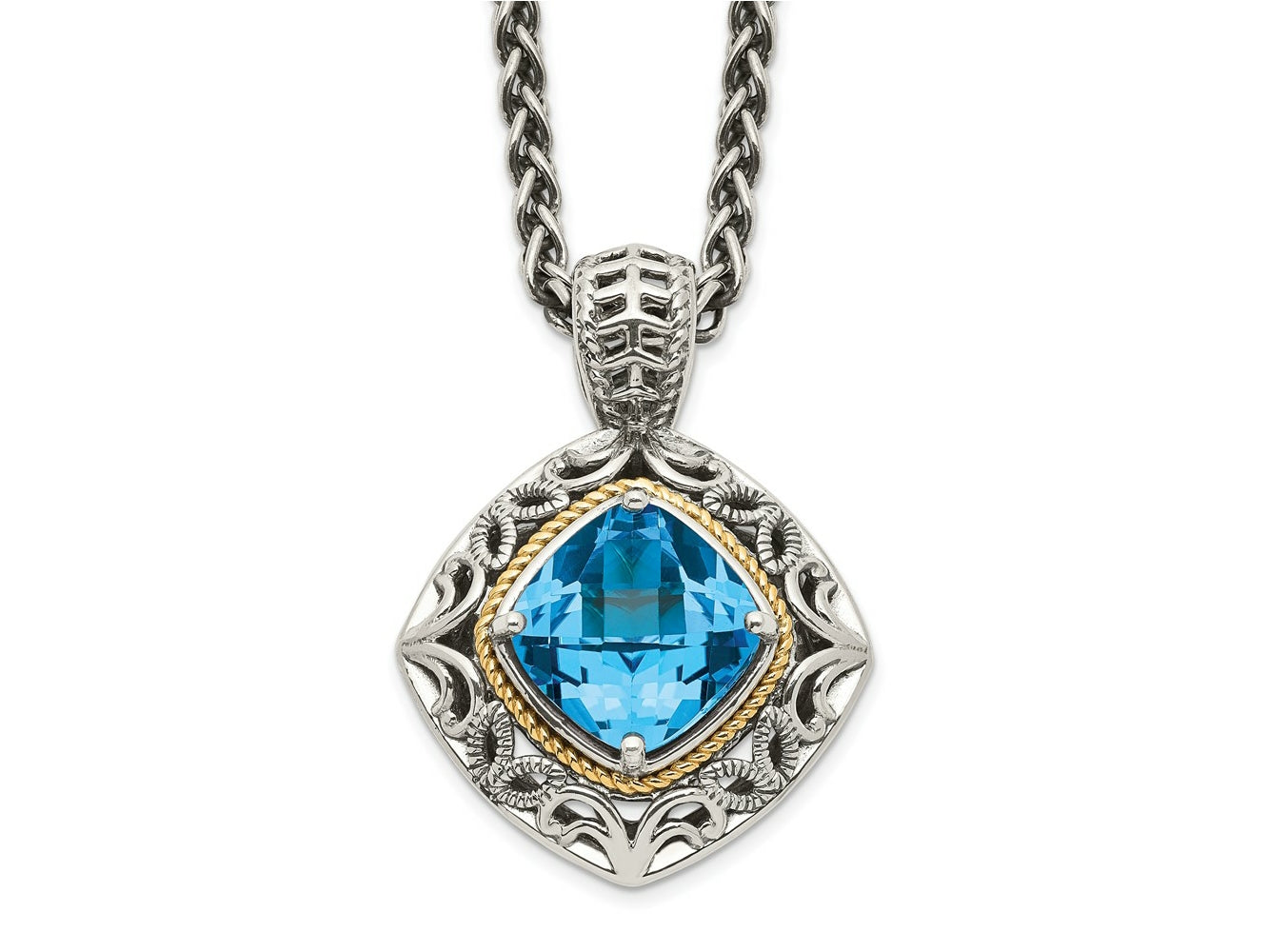 FJC Finejewelers Sterling Silver with 14kt Accent Antiqued with Blue Topaz Pendant Necklace 22 mm