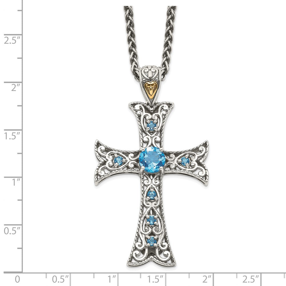 FJC Finejewelers Sterling Silver with 14kt Accent Rhodium Plated with Blue Topaz Cross Necklace 31 mm