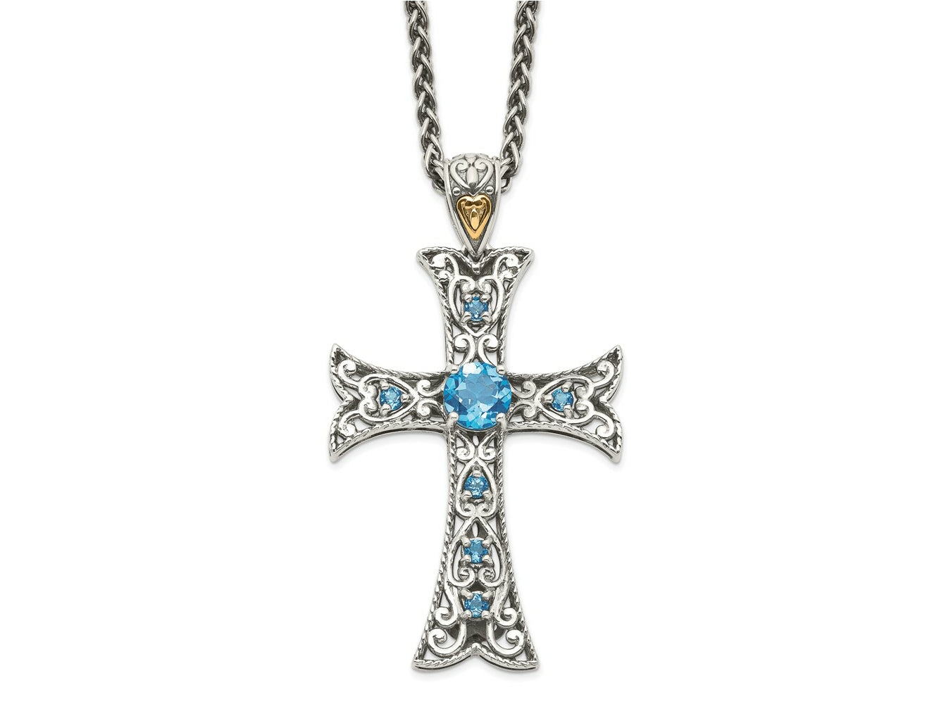 FJC Finejewelers Sterling Silver with 14kt Accent Rhodium Plated with Blue Topaz Cross Necklace 31 mm