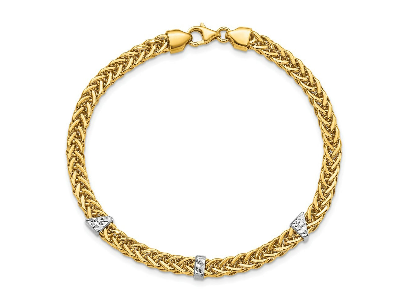 FJC Finejewelers 14 kt Yellow Gold Mesh and White Rhodium Bright Cut Flat Wheat Bracelet 7.5 Inches x 4.5 mm